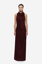 Burgundy satin maxi dress with draped cowl collar and sleeveless gathered detail
