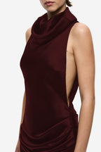 Burgundy satin sleeveless maxi dress with draped cowl collar and side ruching