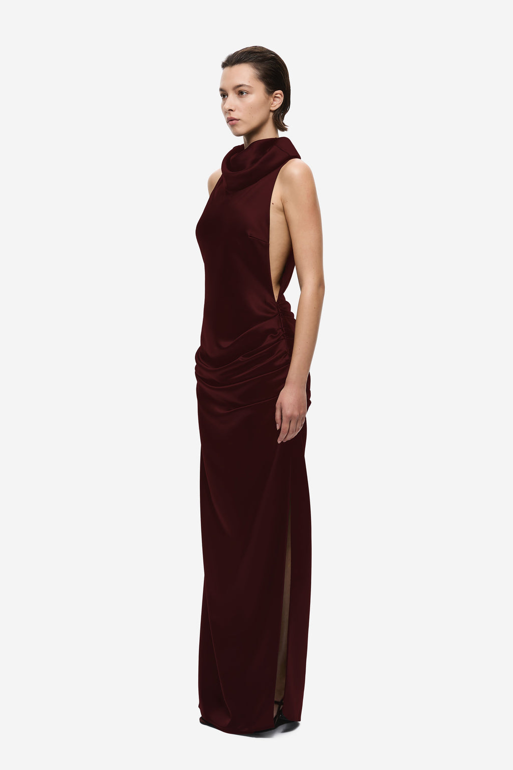 Burgundy satin maxi dress with draped cowl-style collar and sleeveless column silhouette
