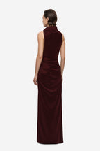 Burgundy satin maxi dress, sleeveless with draped collar and ruched back
