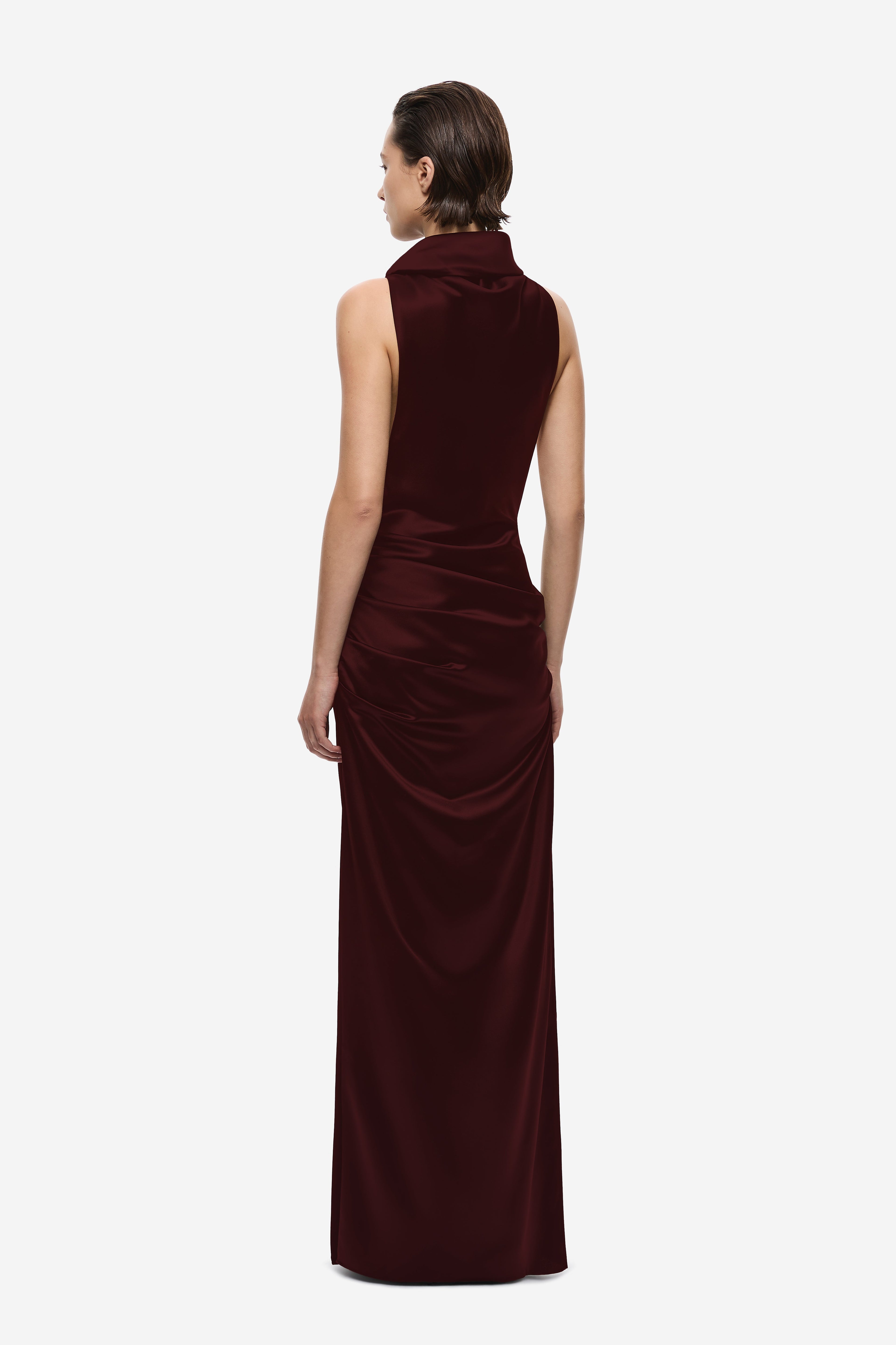 Burgundy satin maxi dress, sleeveless with draped collar and ruched back