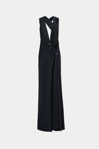 Black satin maxi dress with open back and draped crossover straps