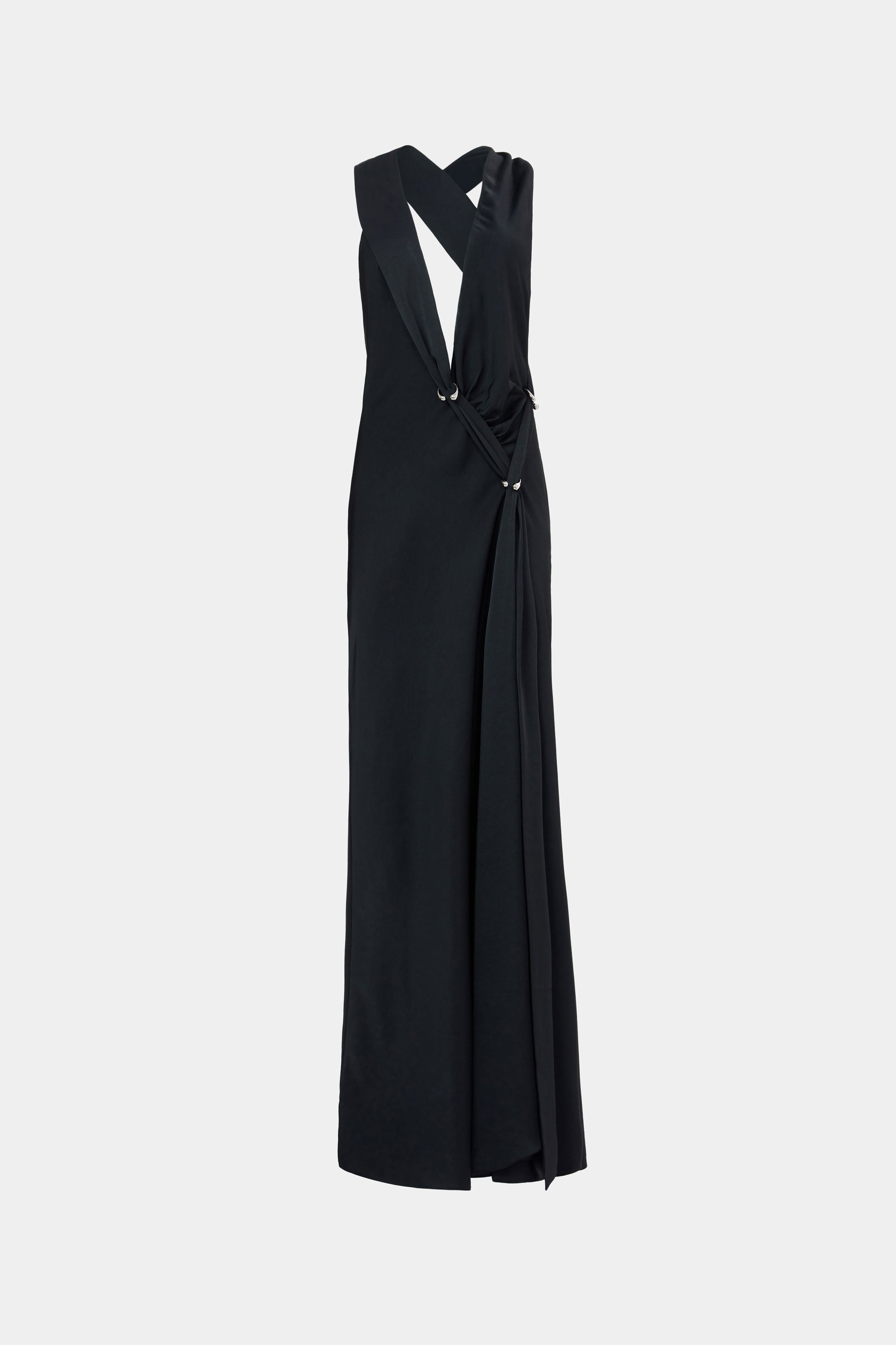 Black satin maxi dress with open back and draped crossover straps