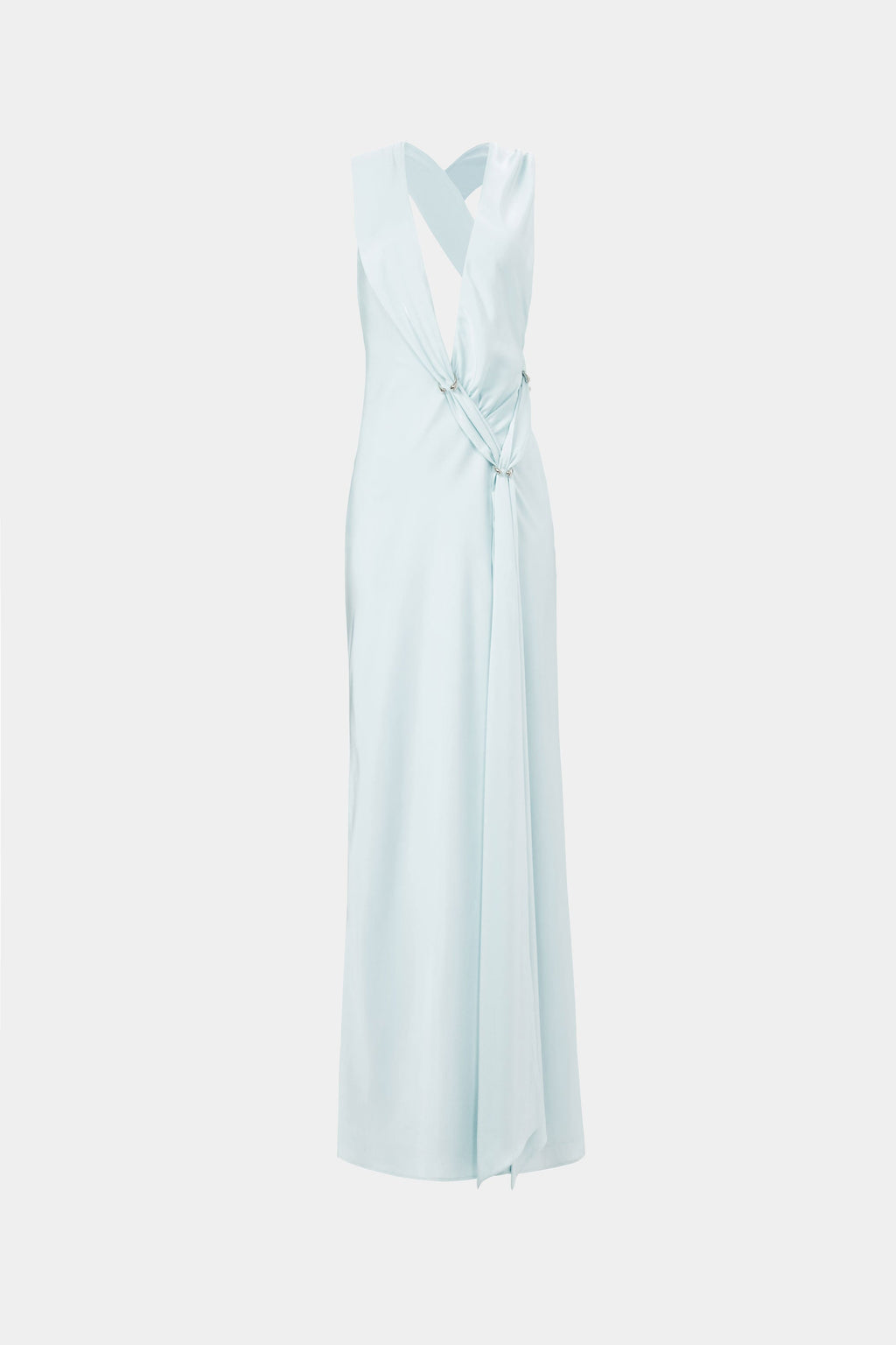 Ice blue satin Harlow dress with open back and ruched waist