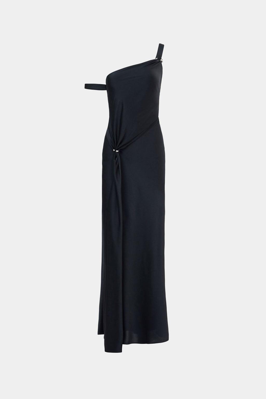 Black satin one-shoulder maxi dress with draped side detail