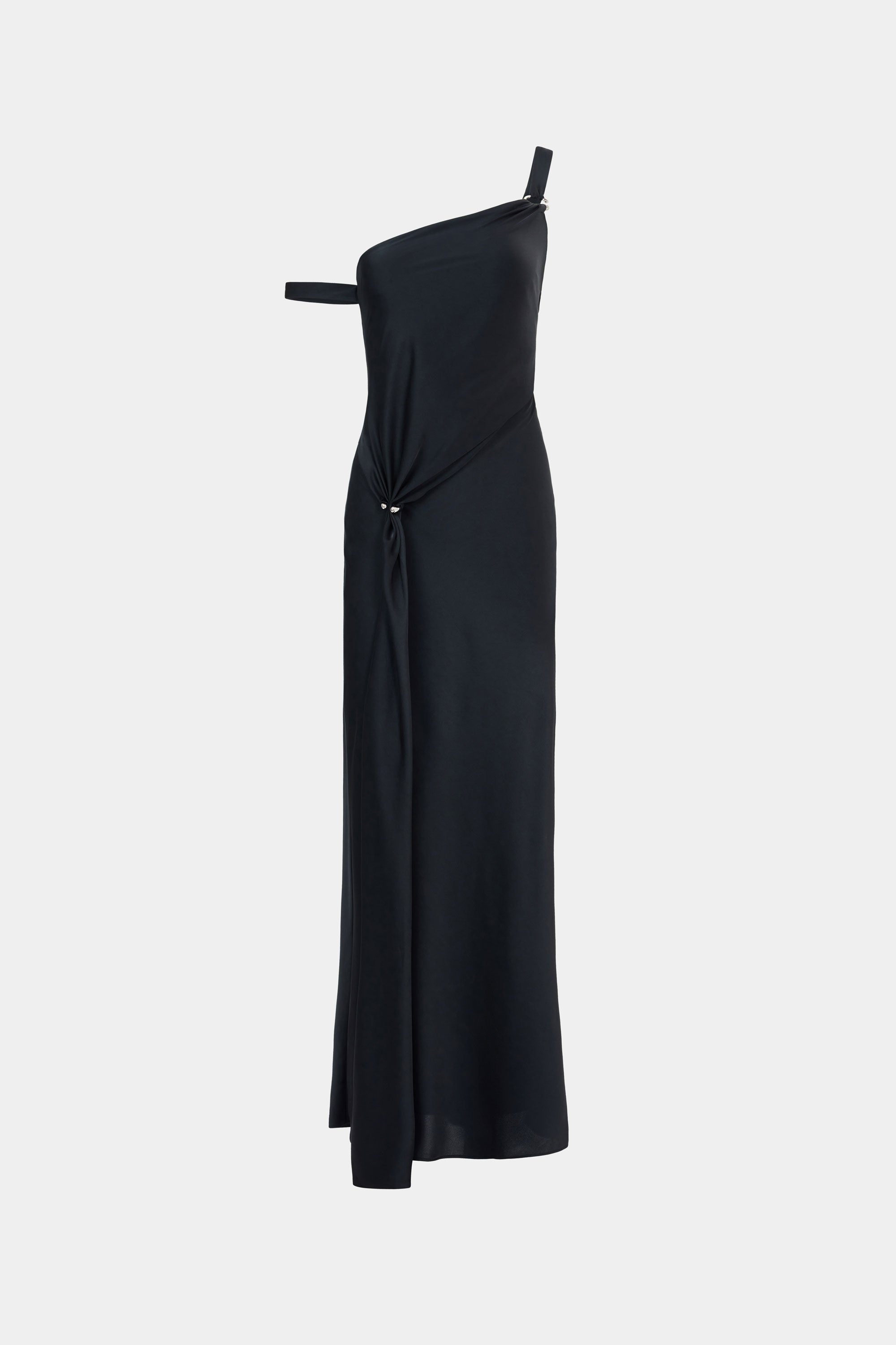 Black satin one-shoulder maxi dress with draped side detail