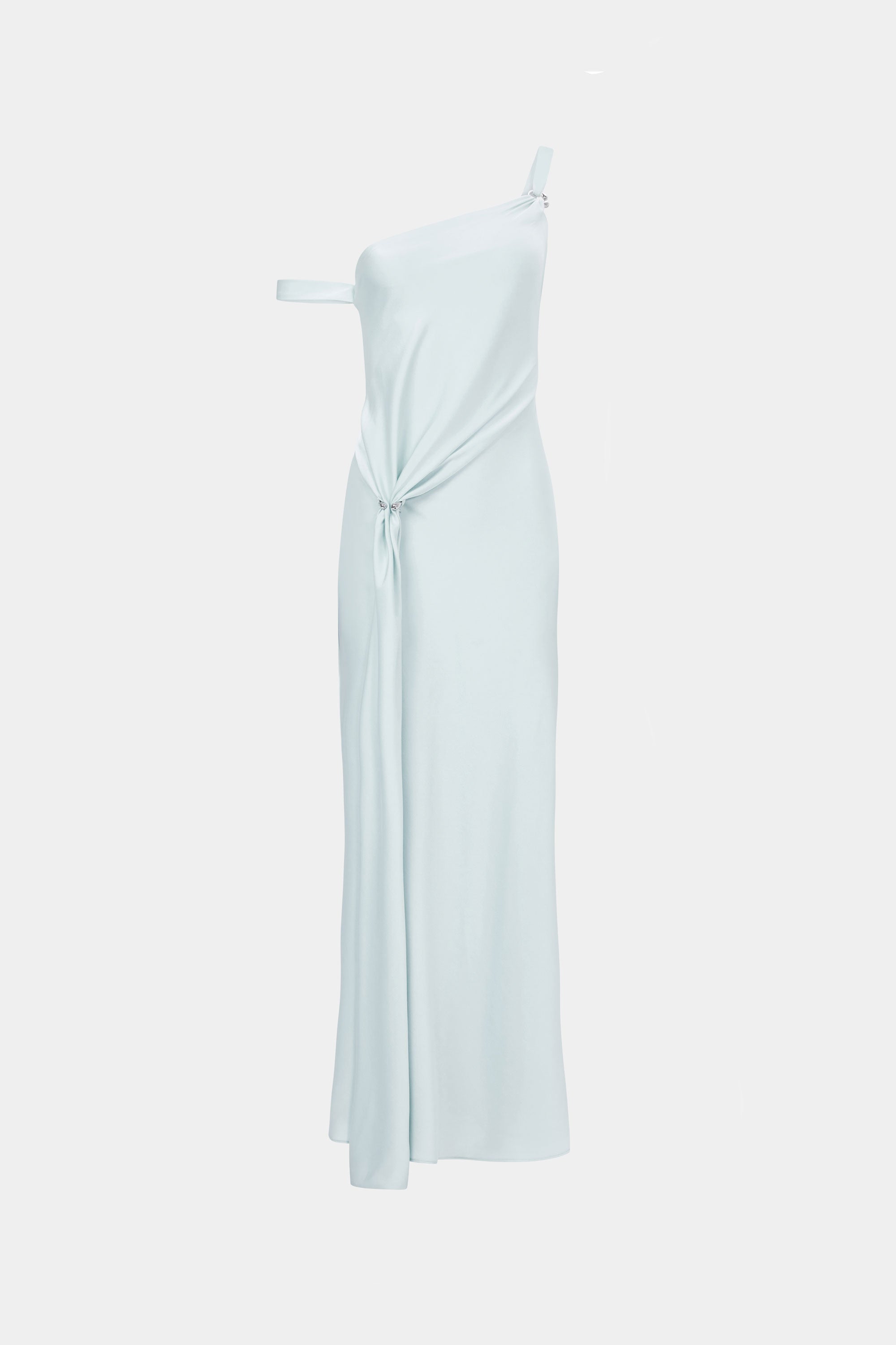 Ice blue satin one-shoulder maxi dress with waist tie and draped detail