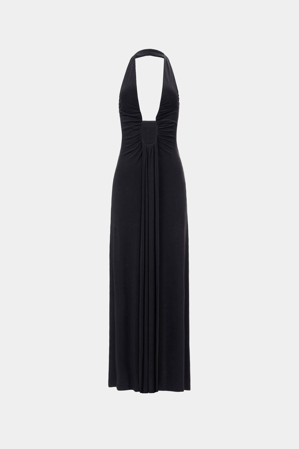 Black halter-style deep V cupro dress with ruched center and long pleated skirt