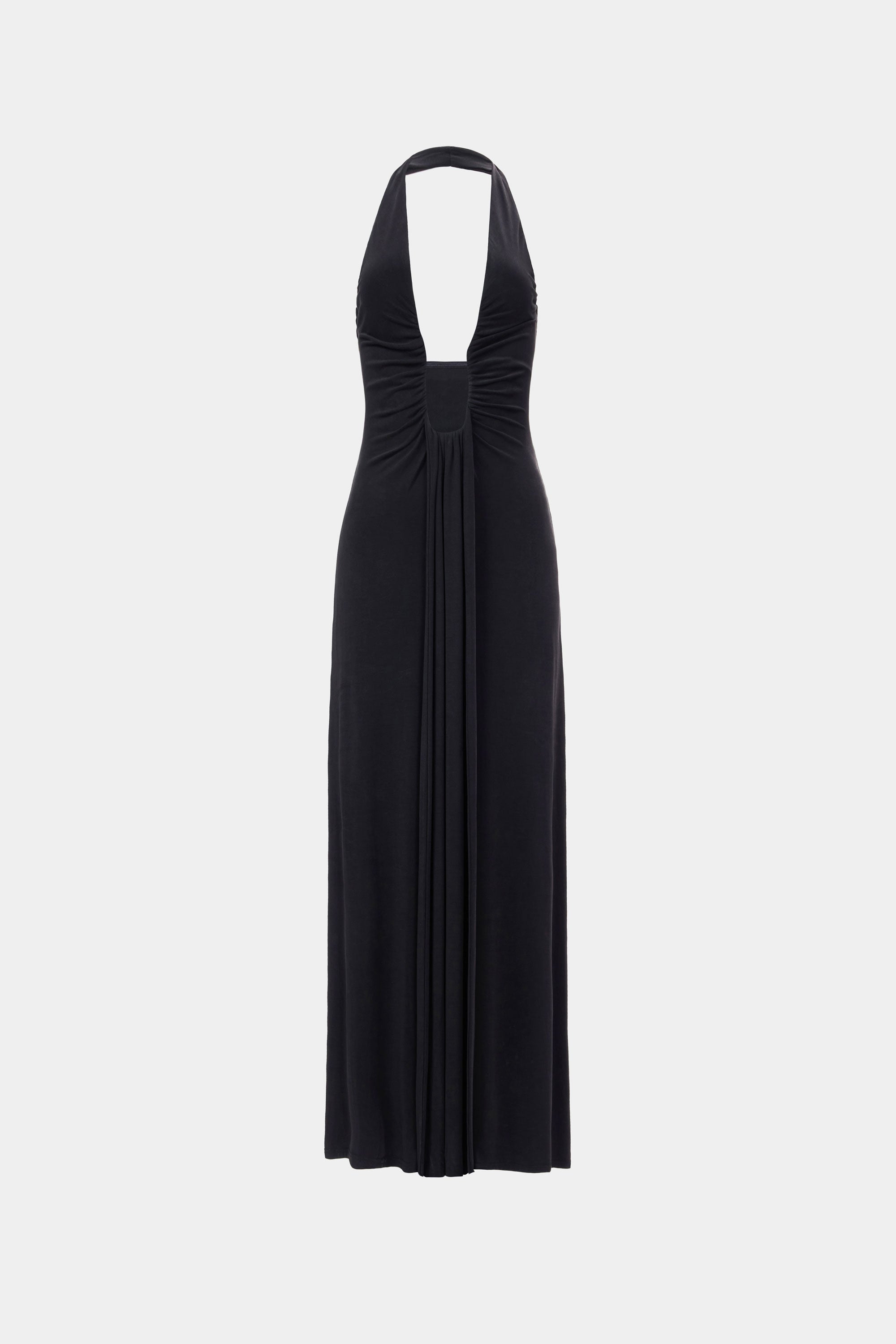 Black halter-style deep V cupro dress with ruched center and long pleated skirt