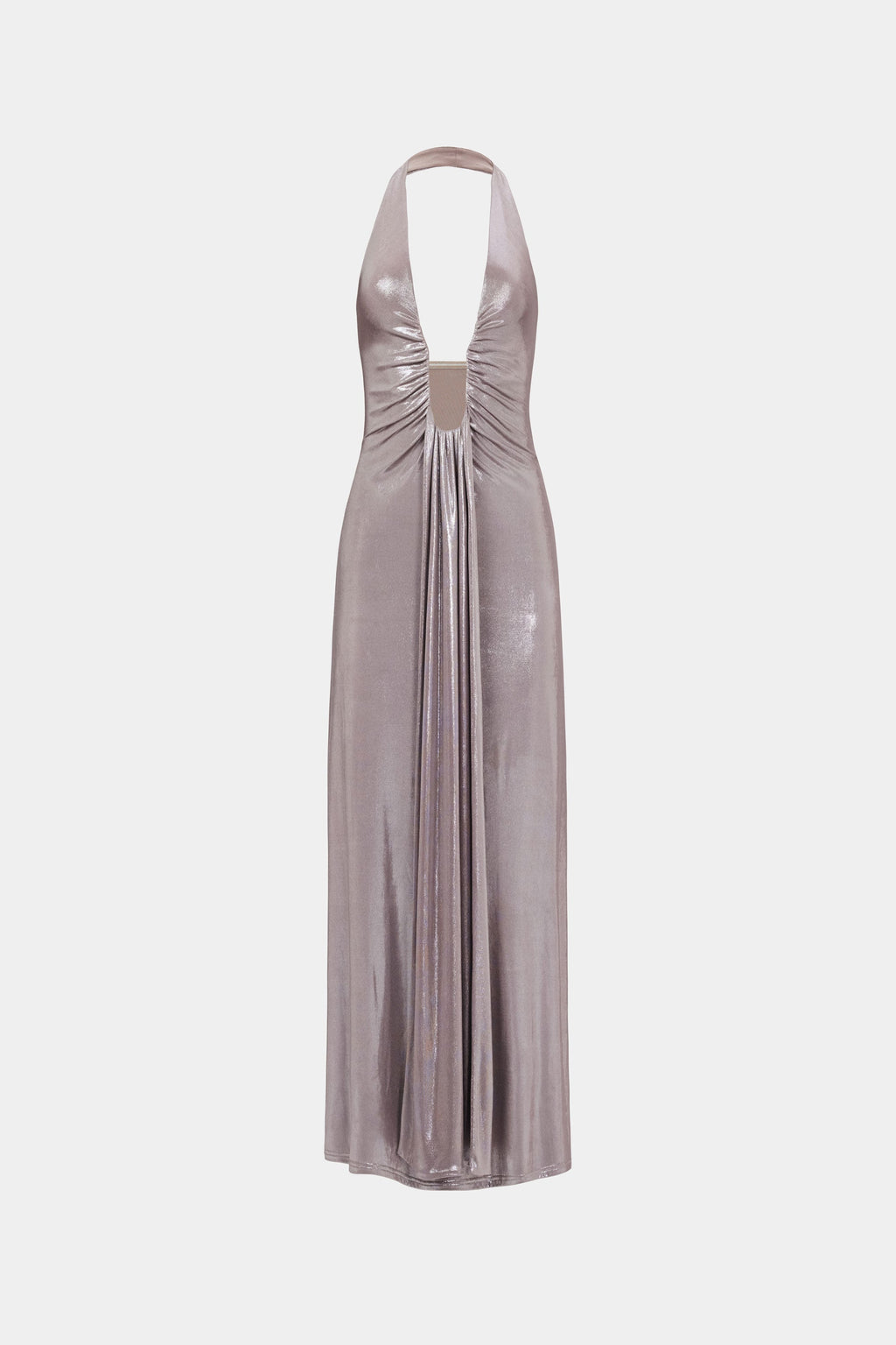 Backless metallic cinder jersey maxi dress, ruched center back, halter neckline