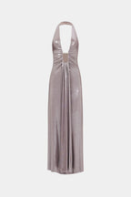 Backless metallic cinder jersey maxi dress, ruched center back, halter neckline