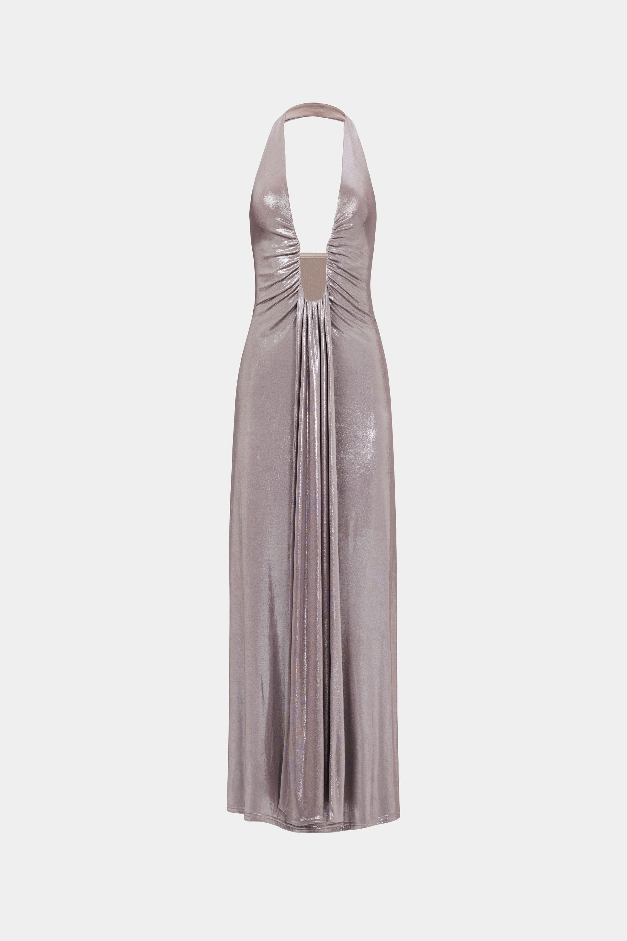 Backless metallic cinder jersey maxi dress, ruched center back, halter neckline
