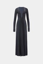 Dark long-sleeve maxi cupro dress with deep V neckline and ruched front drape.
