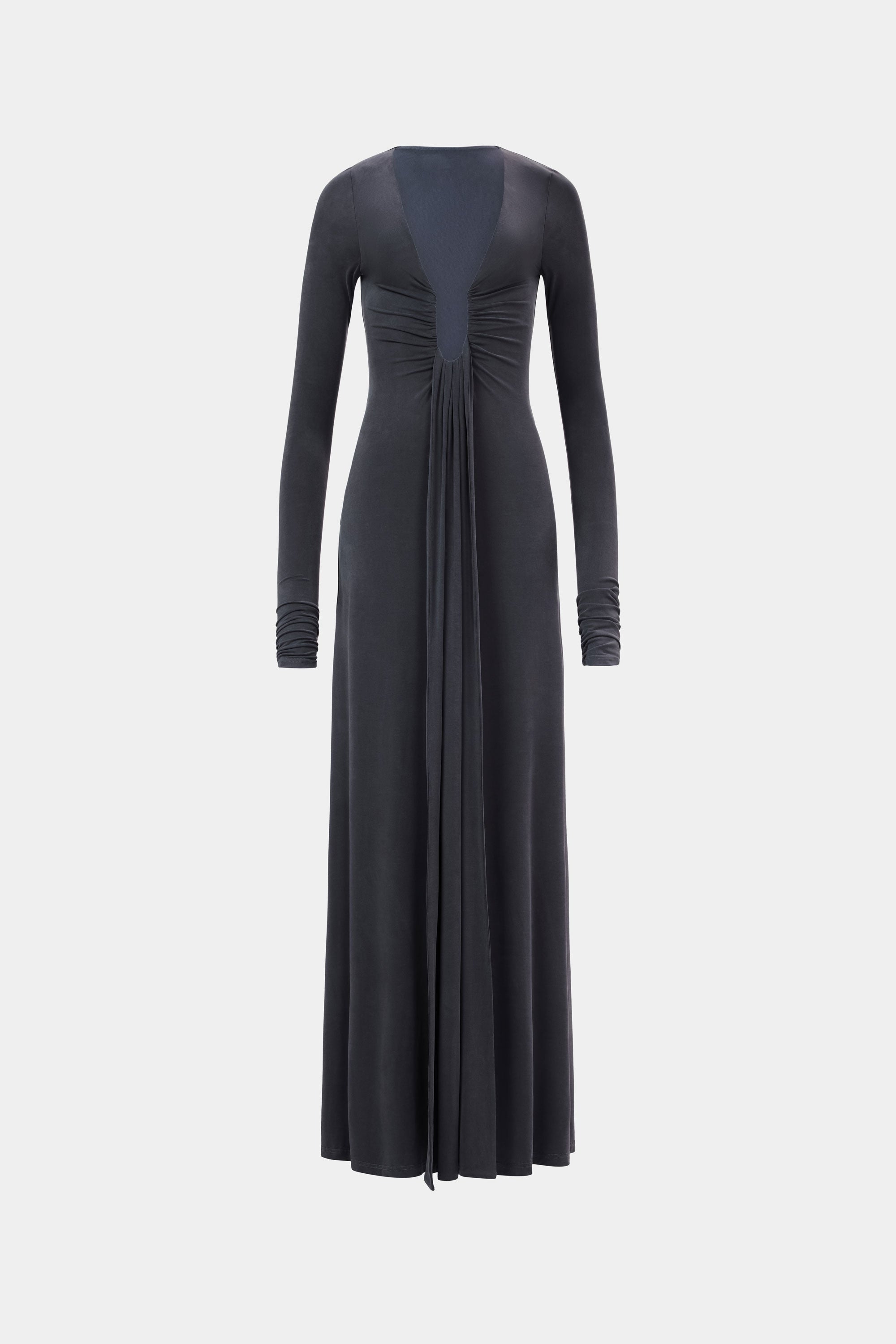 Dark long-sleeve maxi cupro dress with deep V neckline and ruched front drape.