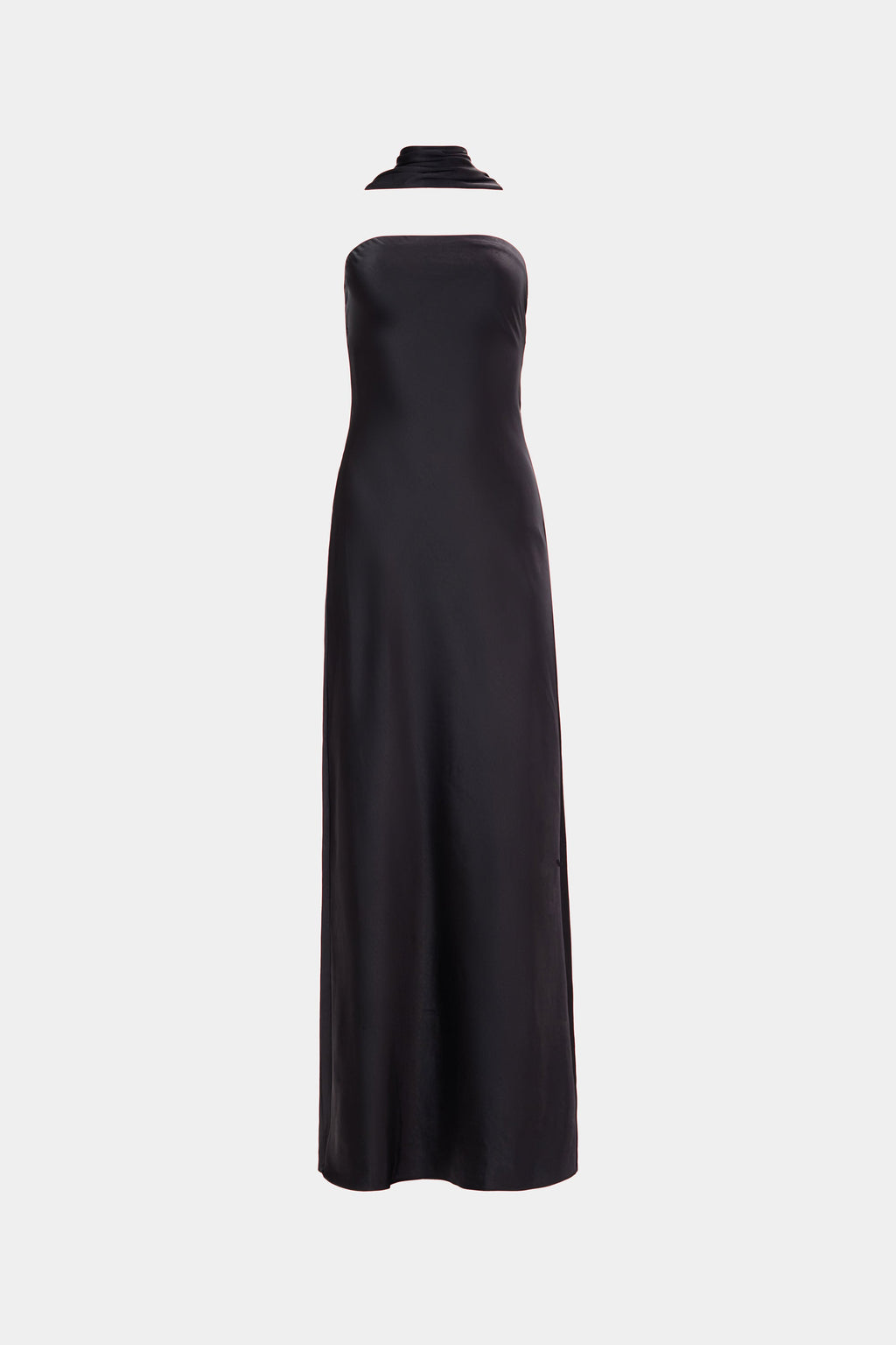 Black satin halter-back column dress, open back with neck strap