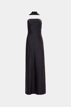 Black satin halter-back column dress, open back with neck strap