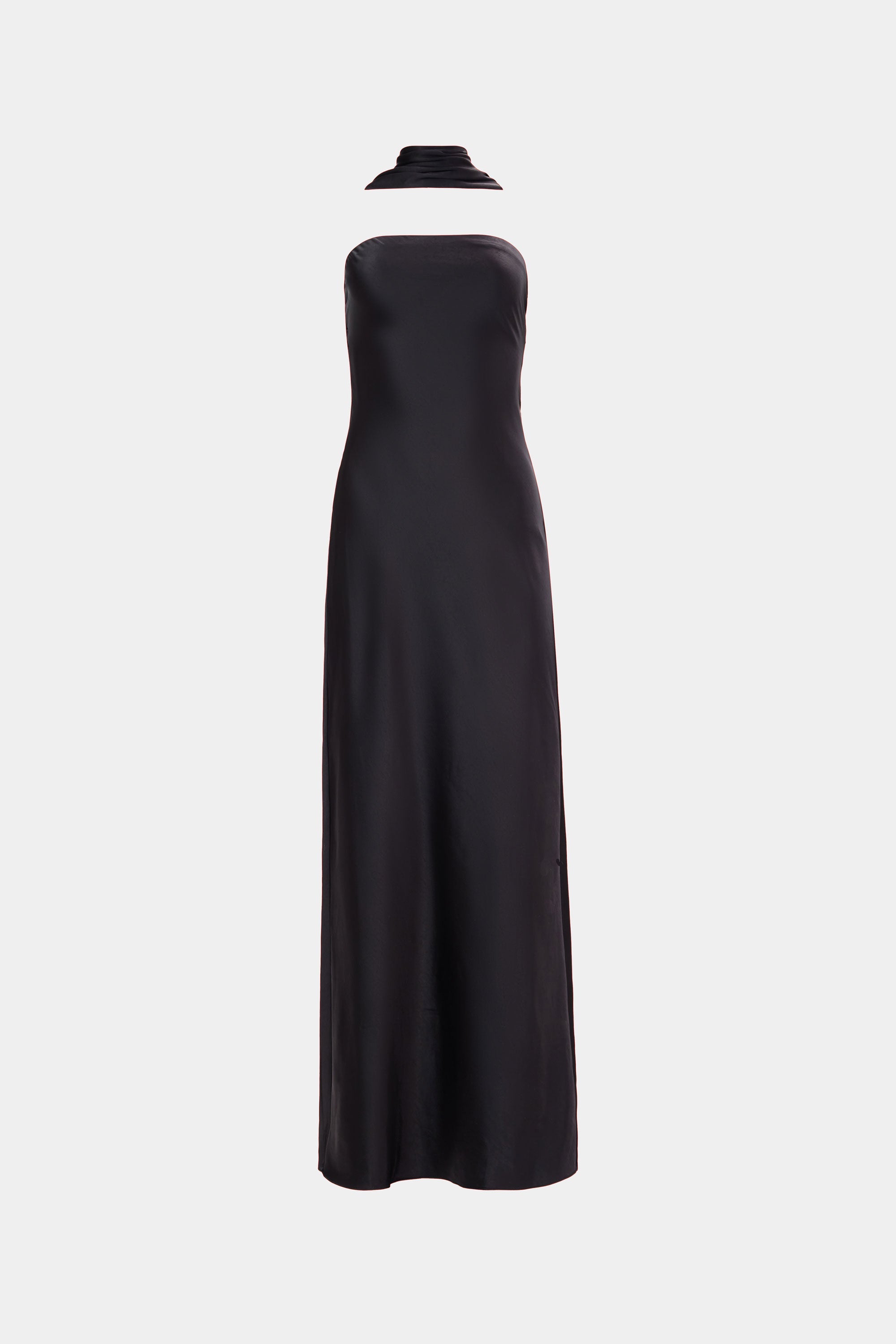 Black satin halter-back column dress, open back with neck strap