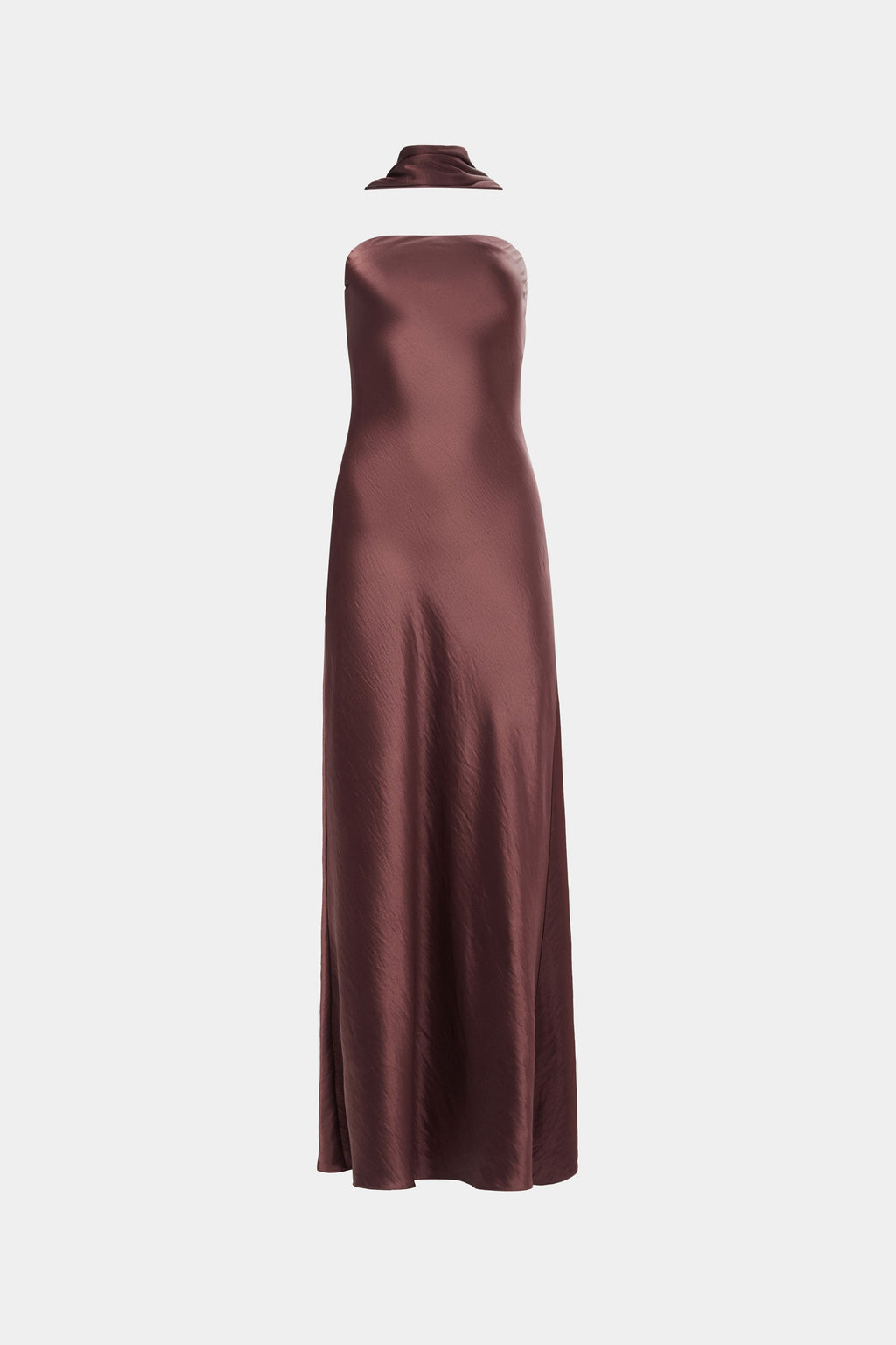Plum satin sheath dress, sleeveless, bias cut with side ruching, floor length