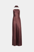 Plum satin sheath dress, sleeveless, bias cut with side ruching, floor length