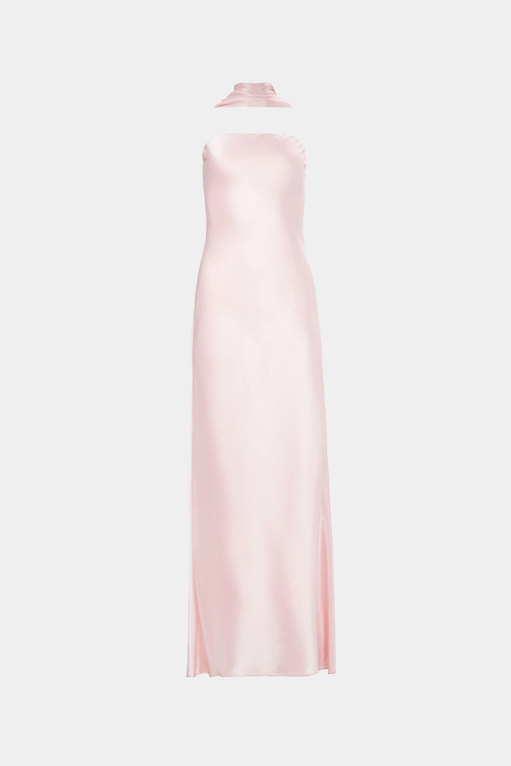 Rose pink satin halter maxi dress with draped bow at neckline