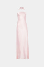 Rose pink satin halter maxi dress with draped bow at neckline