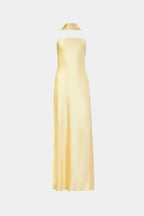 Soft yellow satin halter dress, open back, long column silhouette