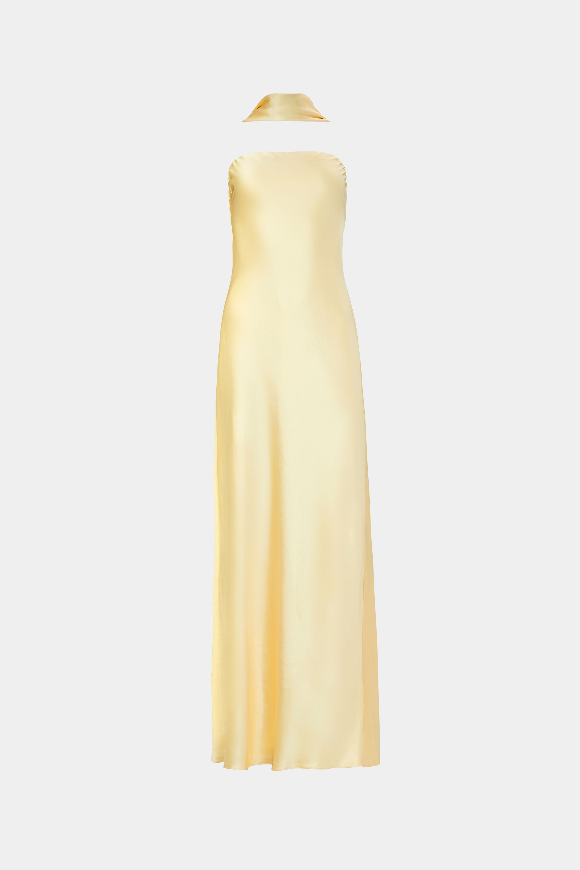 Soft yellow satin halter dress, open back, long column silhouette