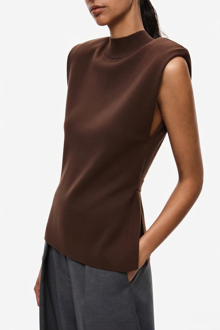 Chocolate sleeveless knit top with high neckline and smooth fitted front