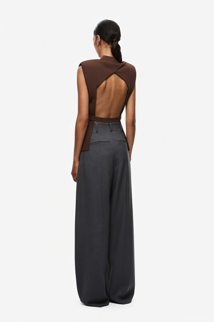 Chocolate open-back sleeveless knit top with high neck and back cutout