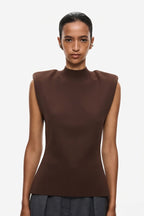 Chocolate sleeveless knit top with high neckline and fitted front