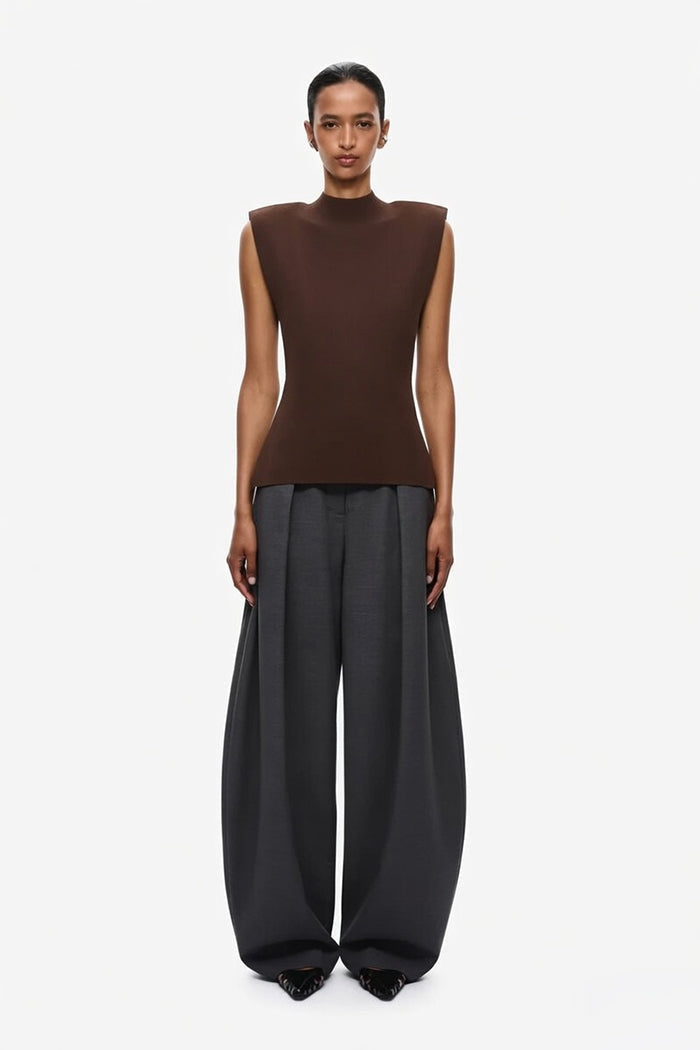 Chocolate sleeveless knit top with high neck and open back, fitted silhouette