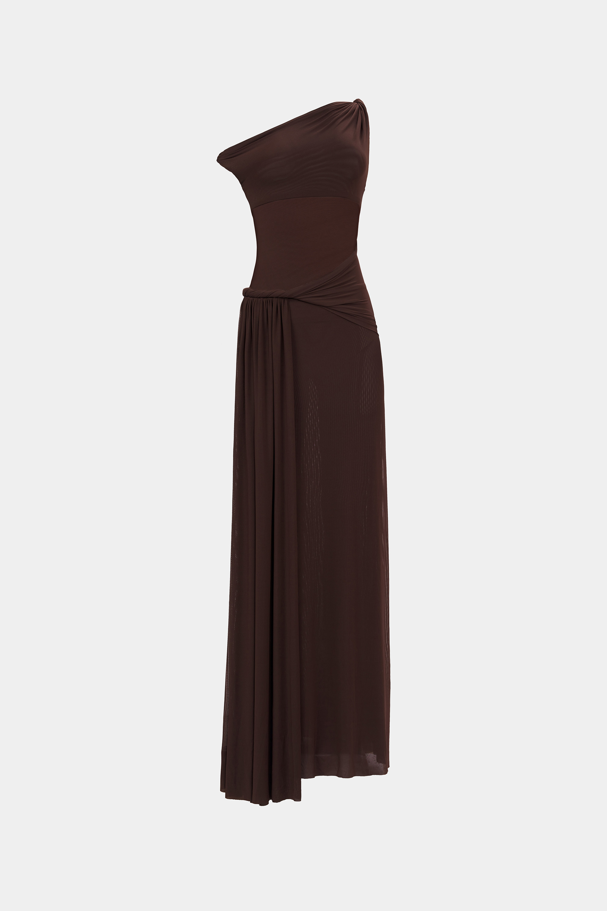 Espresso-brown sisal mesh dress, side view, draped empire waist and flowing pleated skirt
