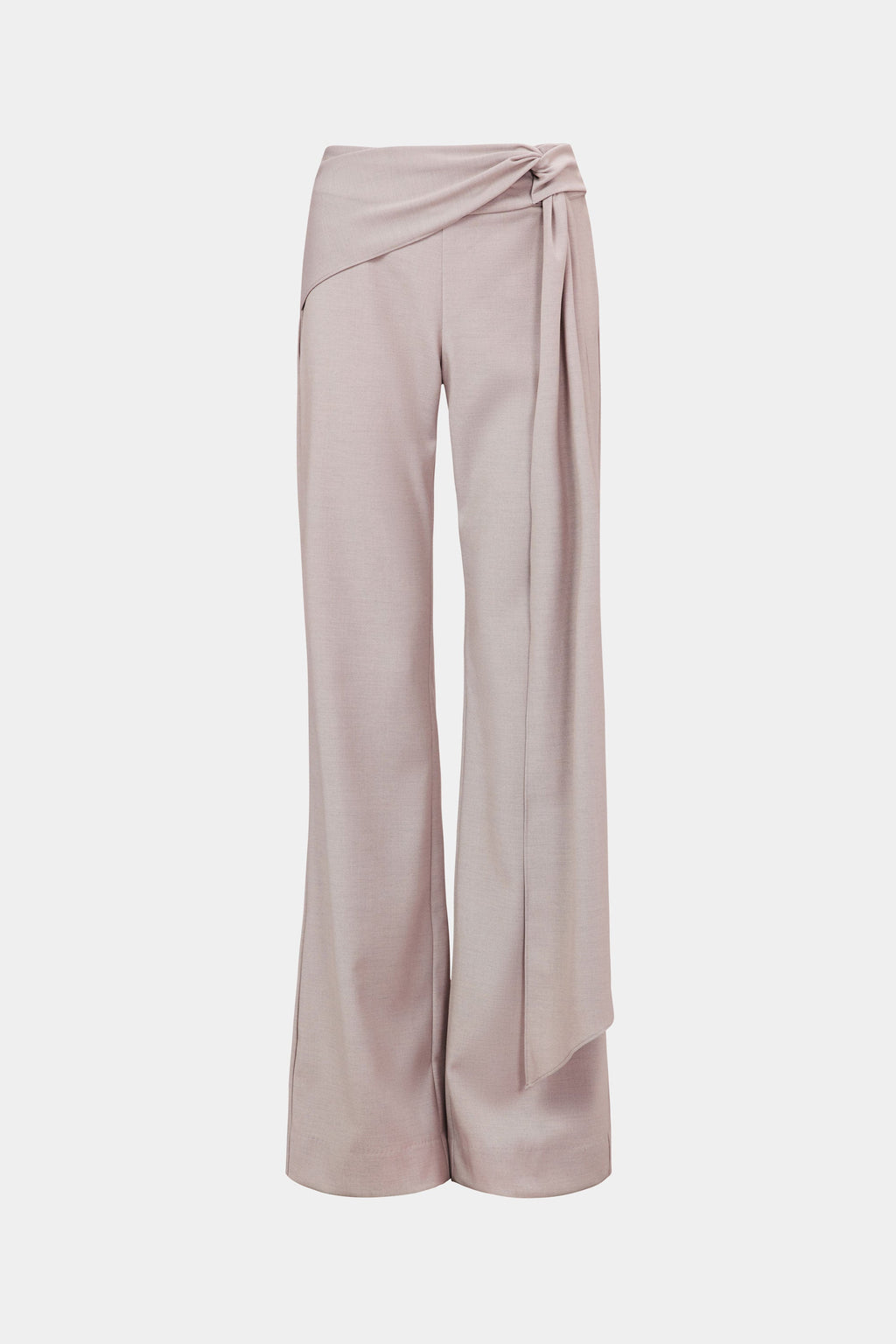 Stone suiting pants with wide legs and draped waist tie, front view.