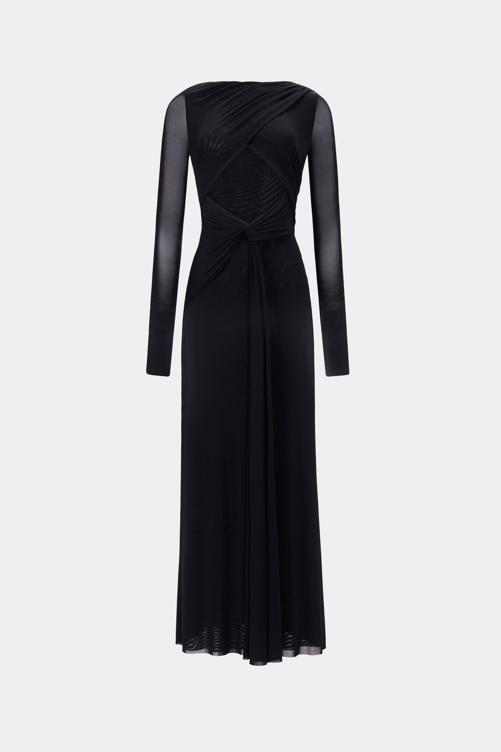 Black long-sleeve jersey maxi dress with diagonal knot detail and flared skirt