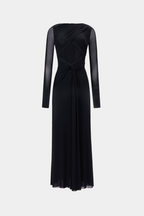 Black long-sleeve jersey maxi dress with diagonal knot detail and flared skirt