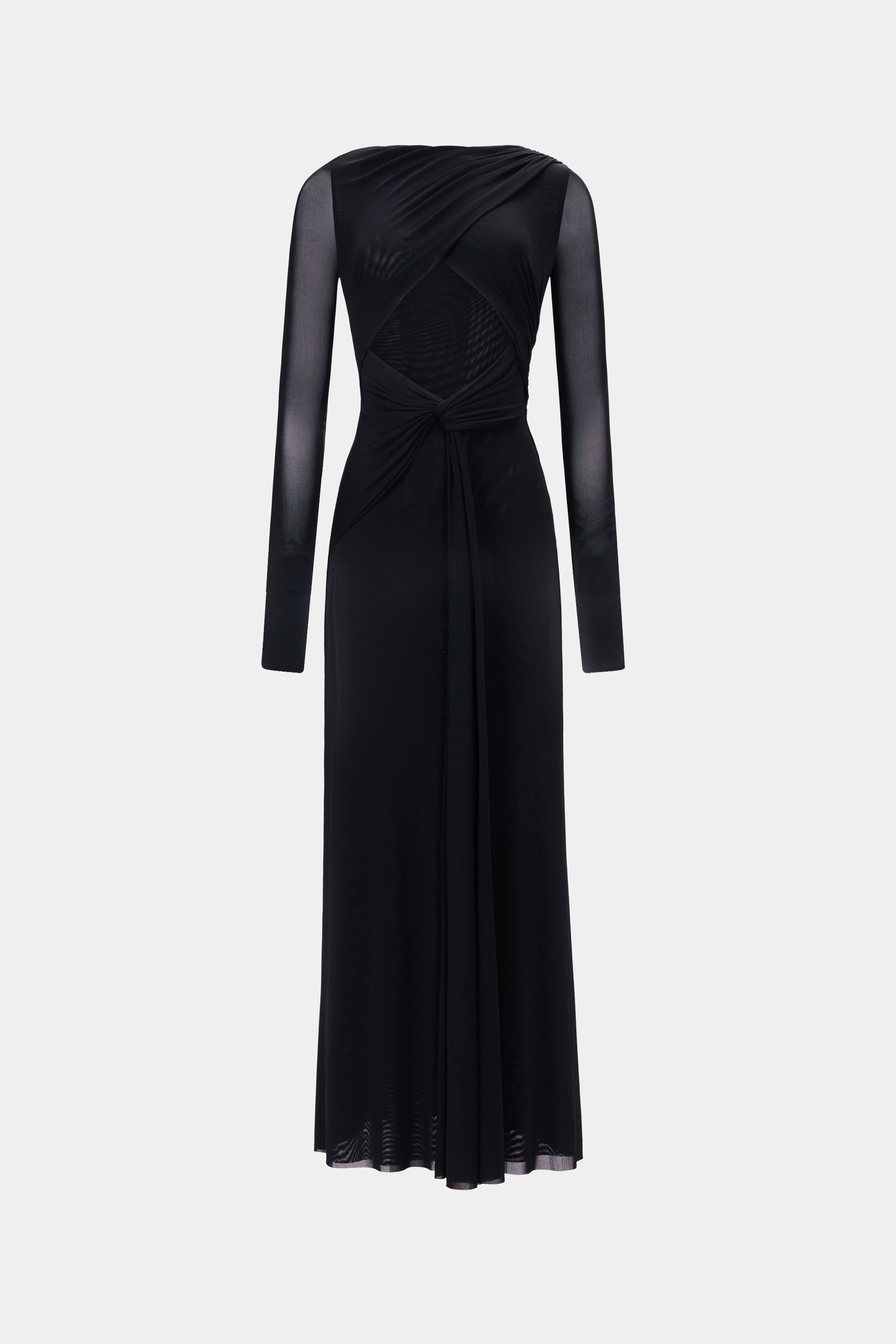 Black long-sleeve jersey maxi dress with diagonal knot detail and flared skirt