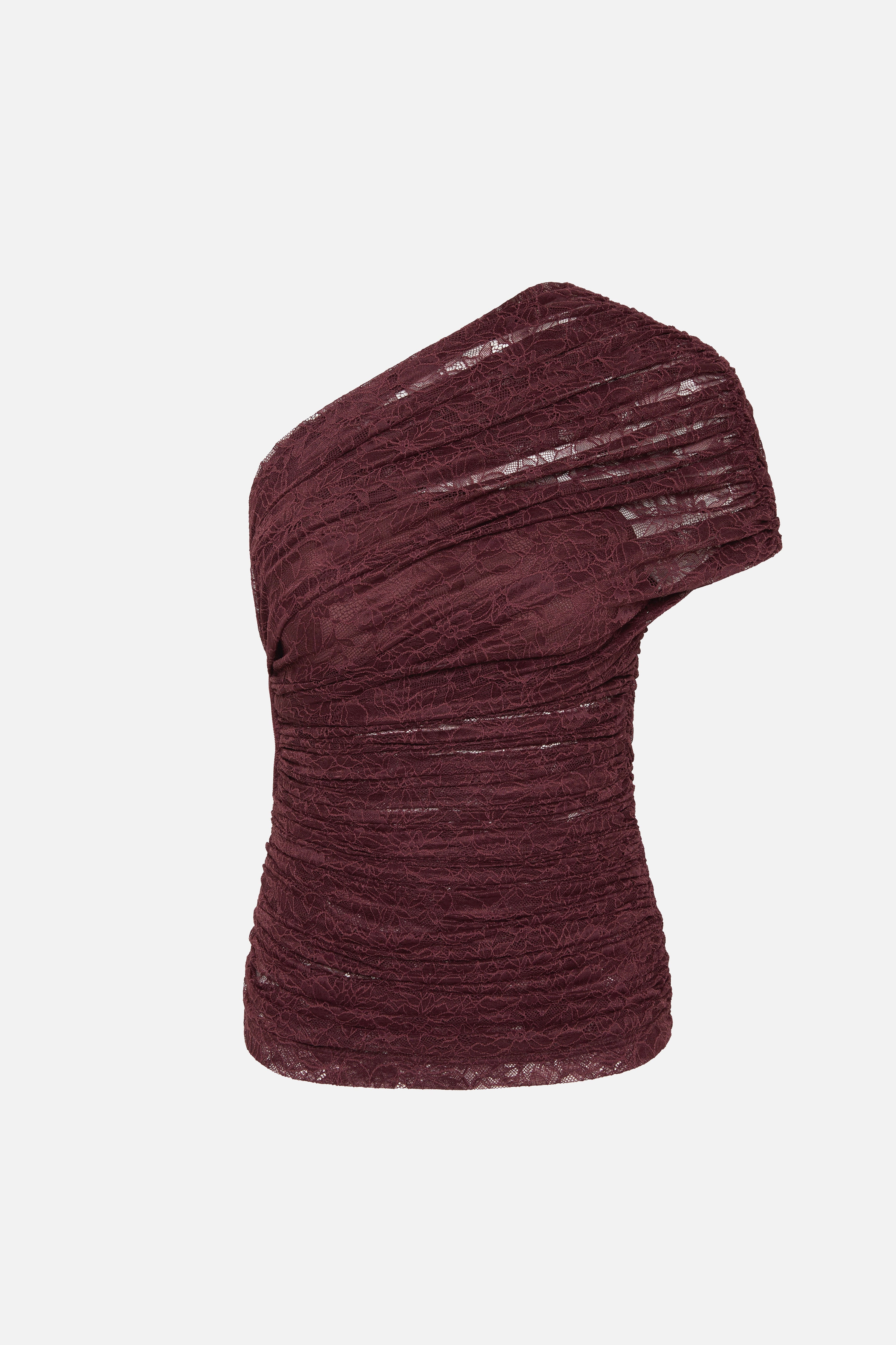 Currant maroon one-shoulder lace top with ruched texture and draped sleeve