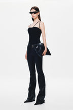 Black mesh corset top with sweetheart neckline and fitted long center seam