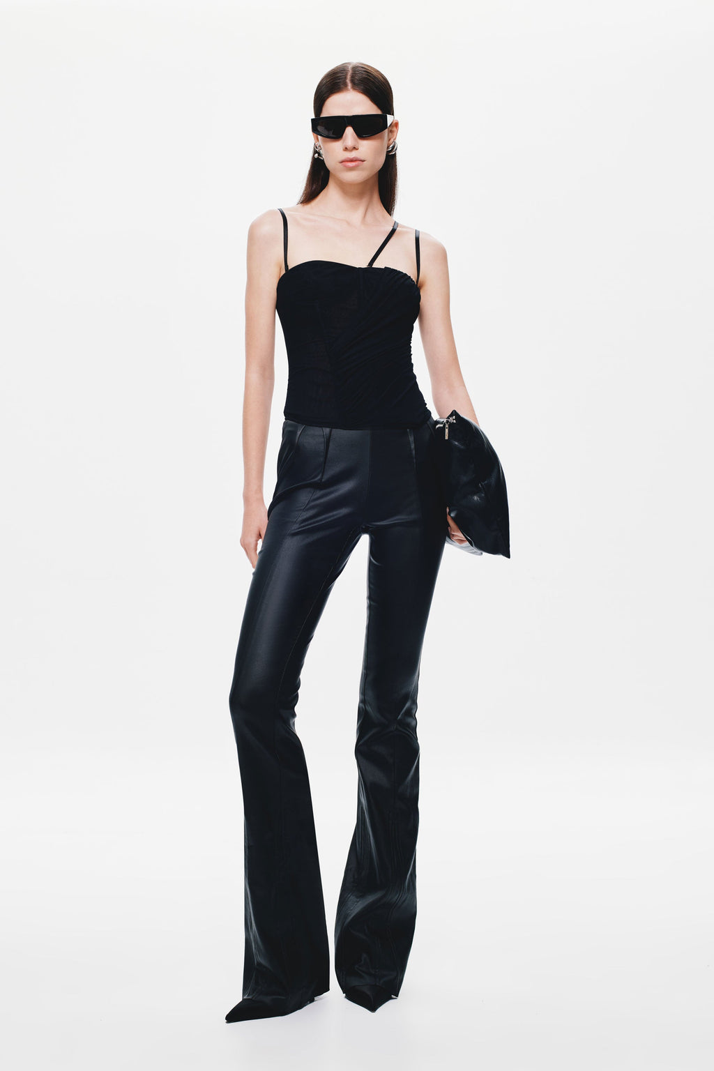 Black mesh corset top with sweetheart neckline and angled seam detailing