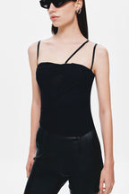 Black mesh corset top close-up with sweetheart neckline and narrow shoulder straps