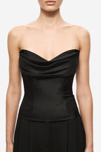Black strapless silk bustier bodice with layered drape and sweetheart neckline