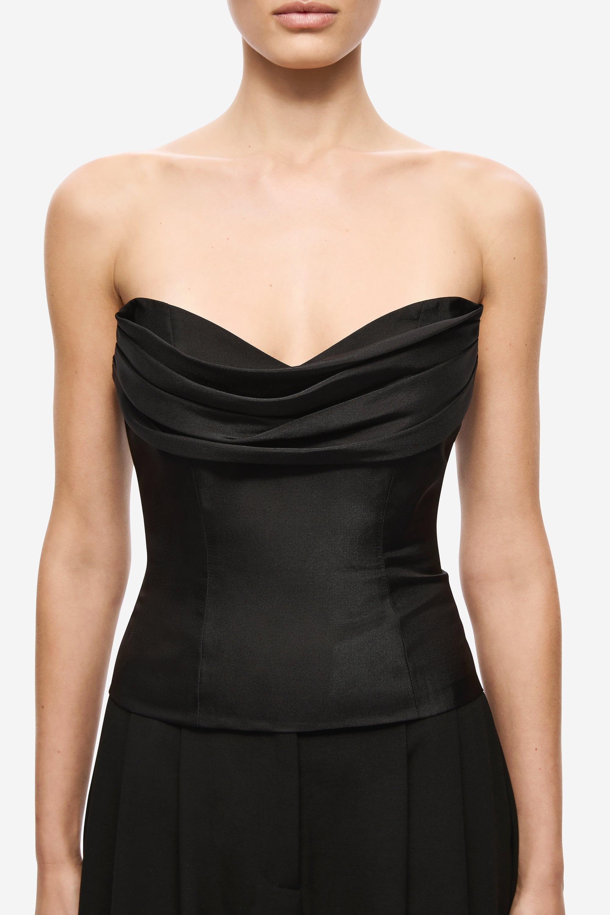 Black strapless silk bustier bodice with layered drape and sweetheart neckline