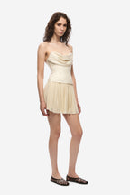 Pearled ivory silk bustier with draped bandeau neckline and boned bodice