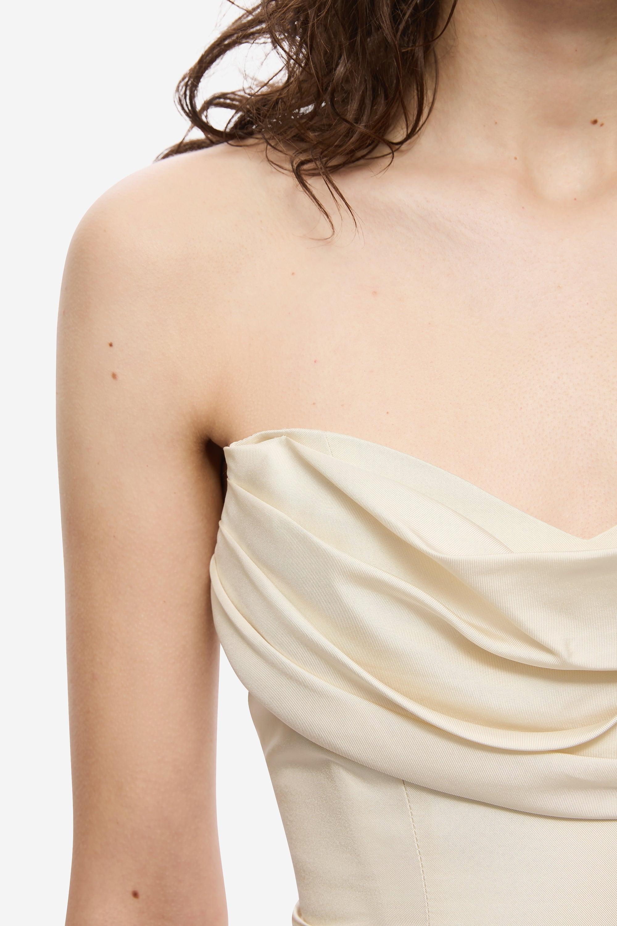 Pearled ivory silk bustier detail with draped neckline and thin shoulder straps