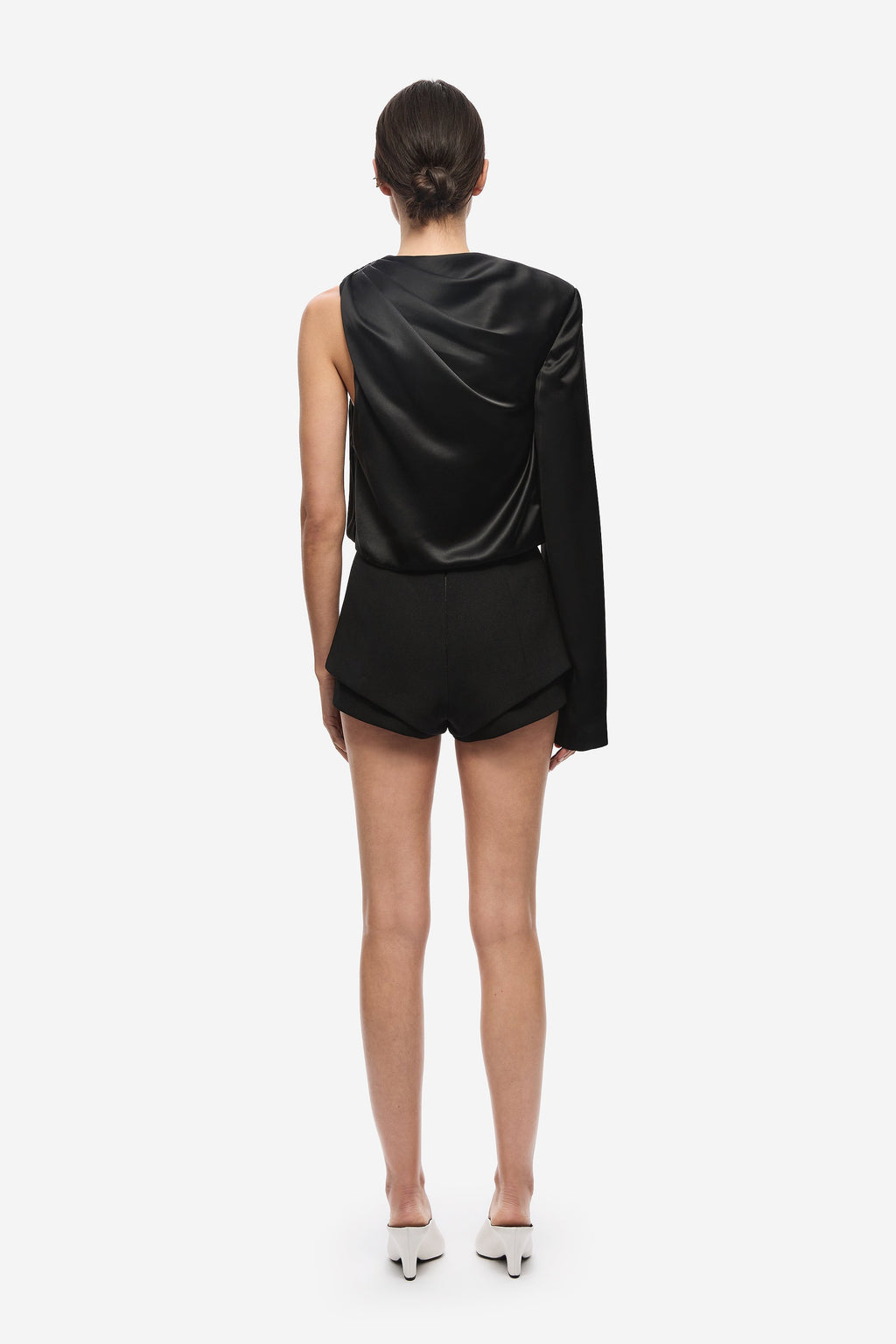 Black satin sleeveless top with high neck back drape