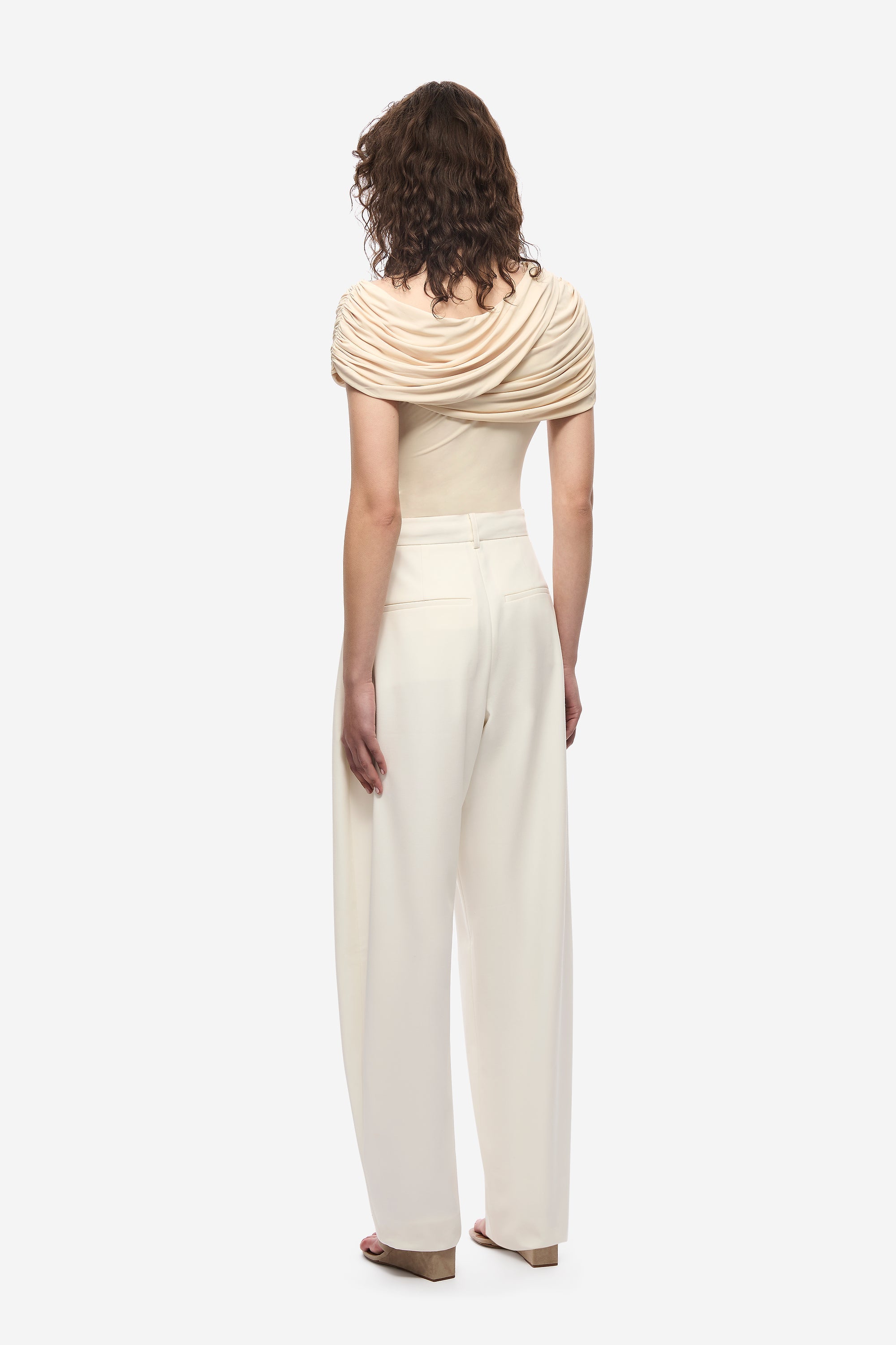 Pearled ivory jersey top, back view, off-shoulder drape and short sleeves.