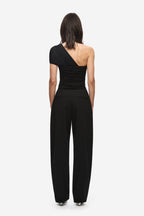 Black one-shoulder silk tulle ruched top with open back and draped strap