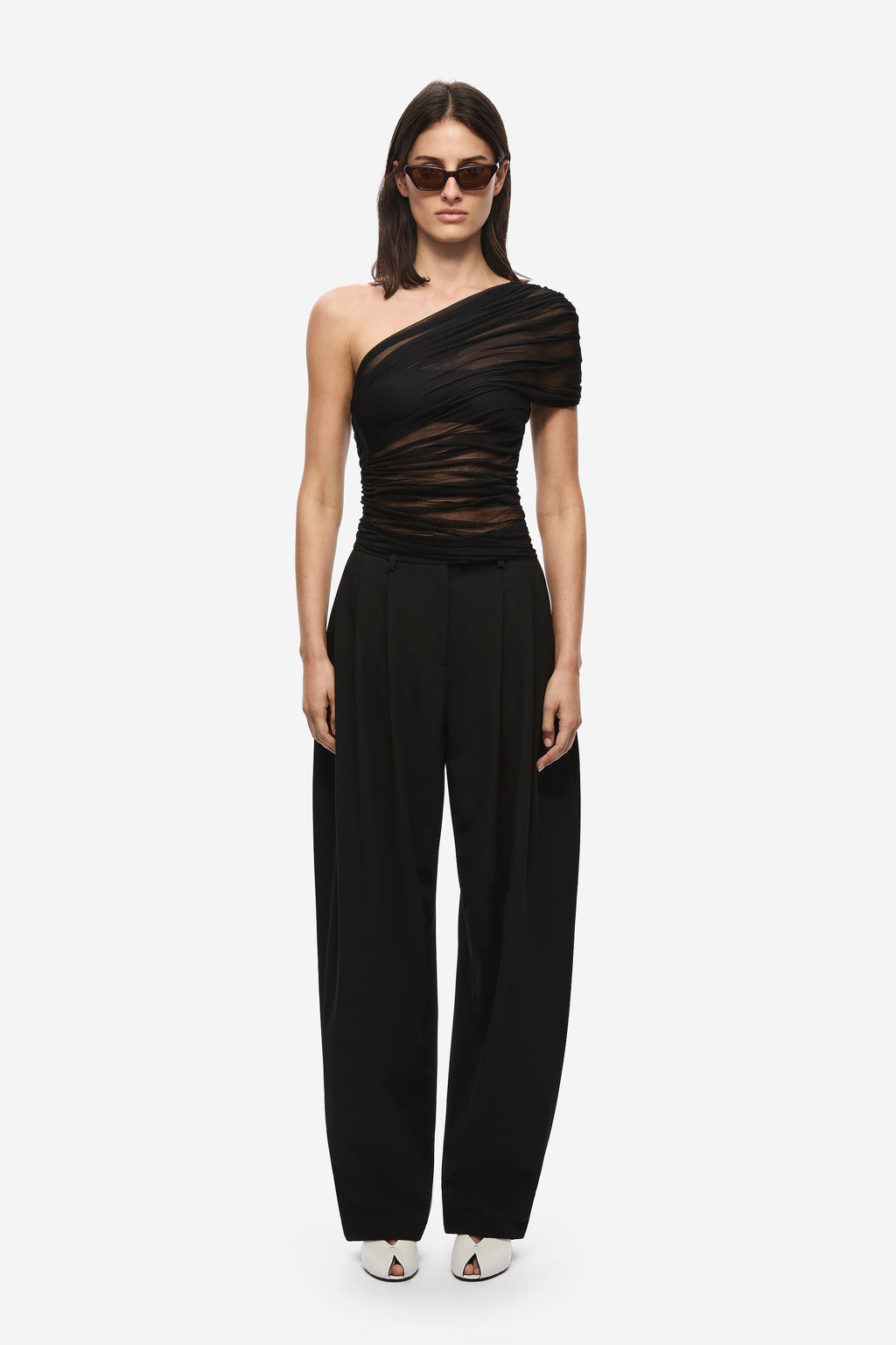 Black one-shoulder silk tulle ruched top with draped off-shoulder detail