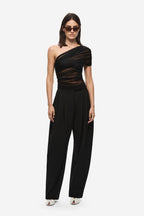 Black one-shoulder silk tulle ruched top with asymmetric neckline and draped sleeve