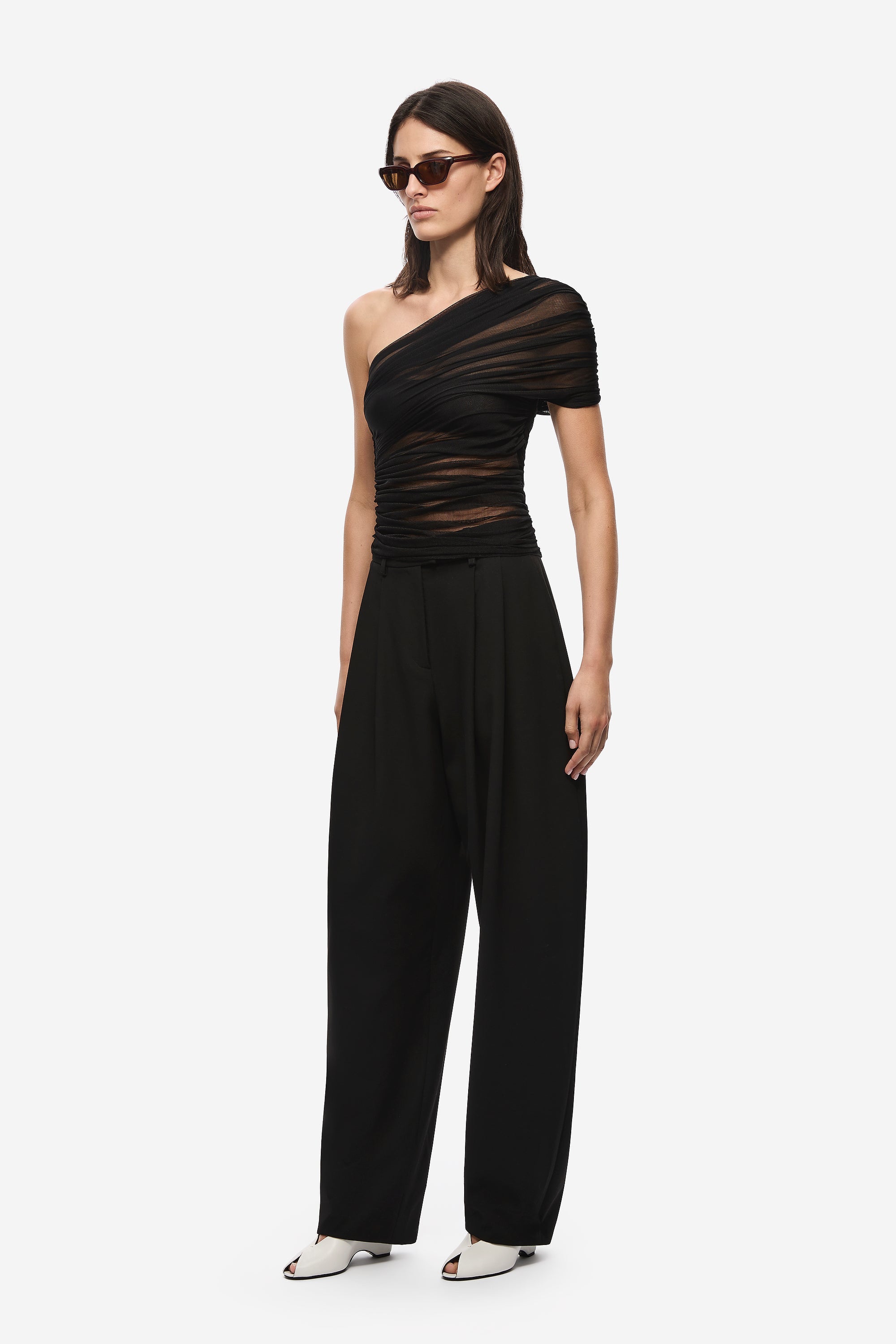Black one-shoulder silk tulle ruched top with draped sleeve and gathered silhouette